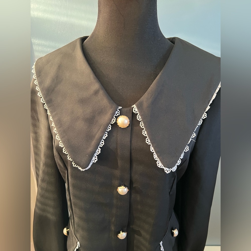 Black Pearl Button Down Dress with White Lace Trim
